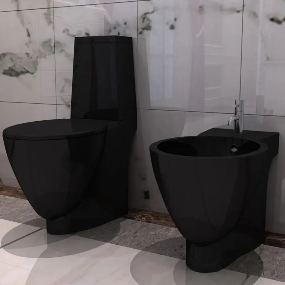 vidaXL Toilet- en bidetset keramiek zwart