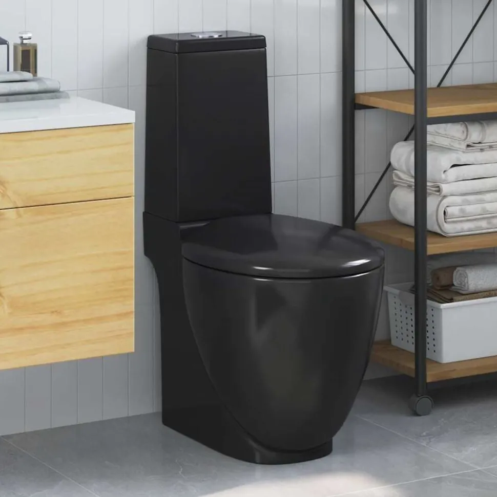 vidaXL Toilet rond afvoer onder keramiek zwart