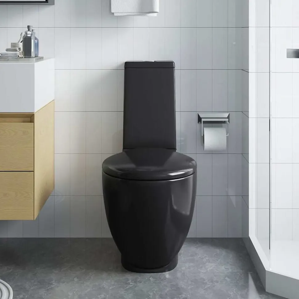 vidaXL Toilet rond afvoer onder keramiek zwart