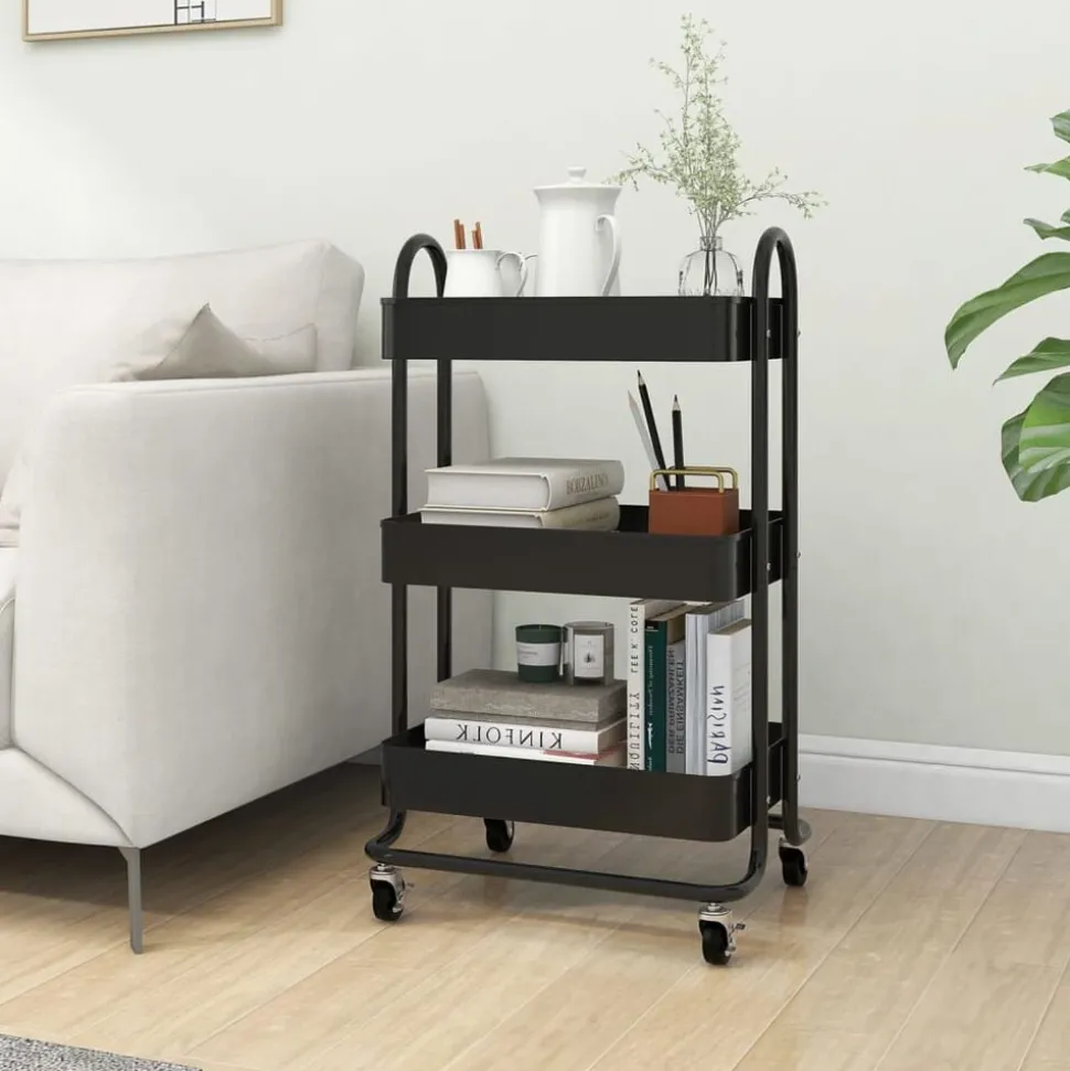 vidaXL Trolley 3-laags 43x34x79 cm staal zwart