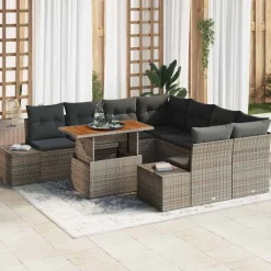 vidaXL Tuin Eetset met kussen 9 pcs Grijs en Bruin