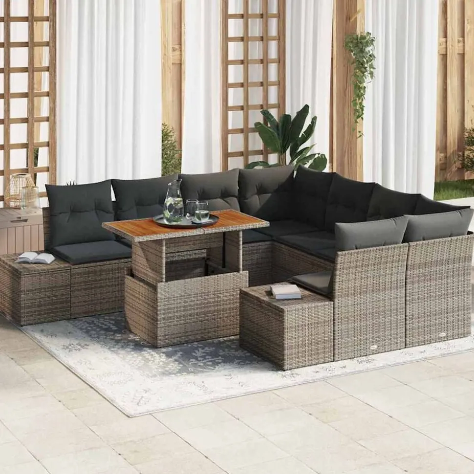 vidaXL Tuin Eetset met kussen 9 pcs Grijs en Bruin