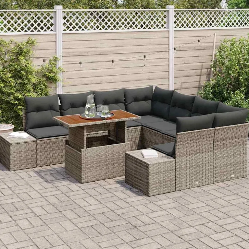 vidaXL Tuin Eetset met kussen 9 pcs Grijs en Bruin