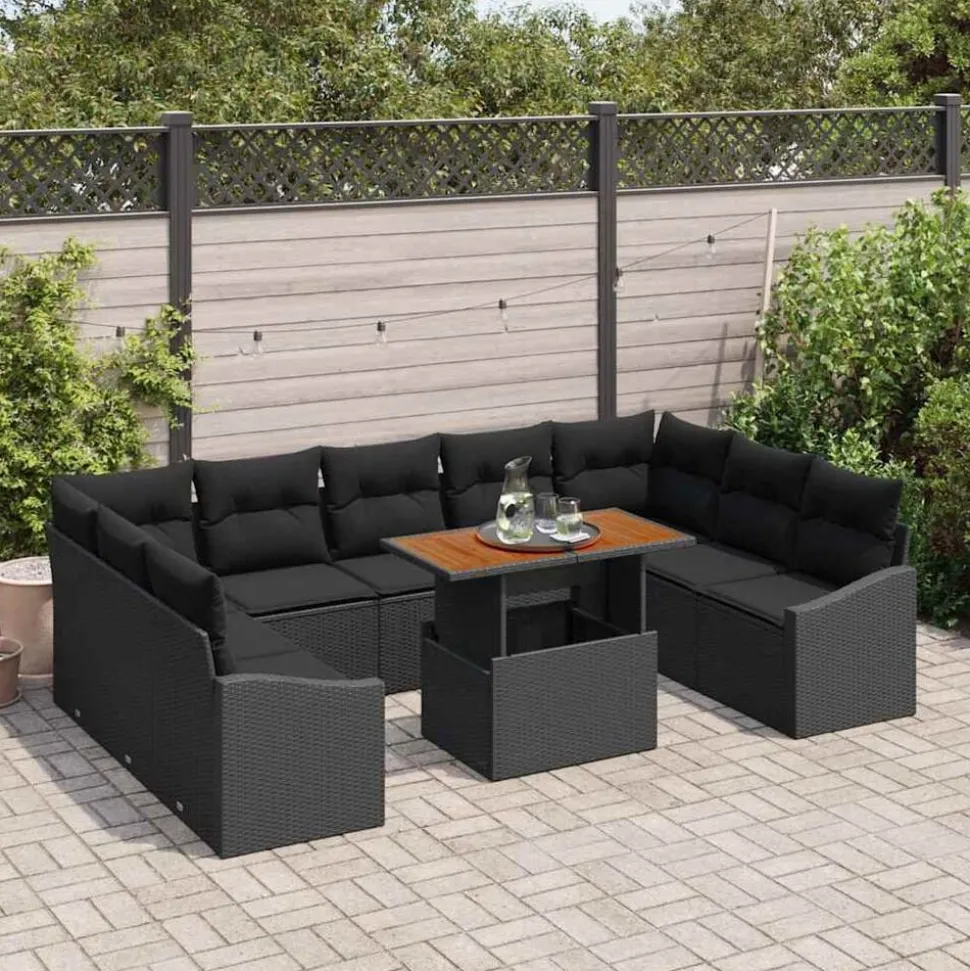 vidaXL Tuin Eetset met kussen 10 pcs Zwart en Bruin