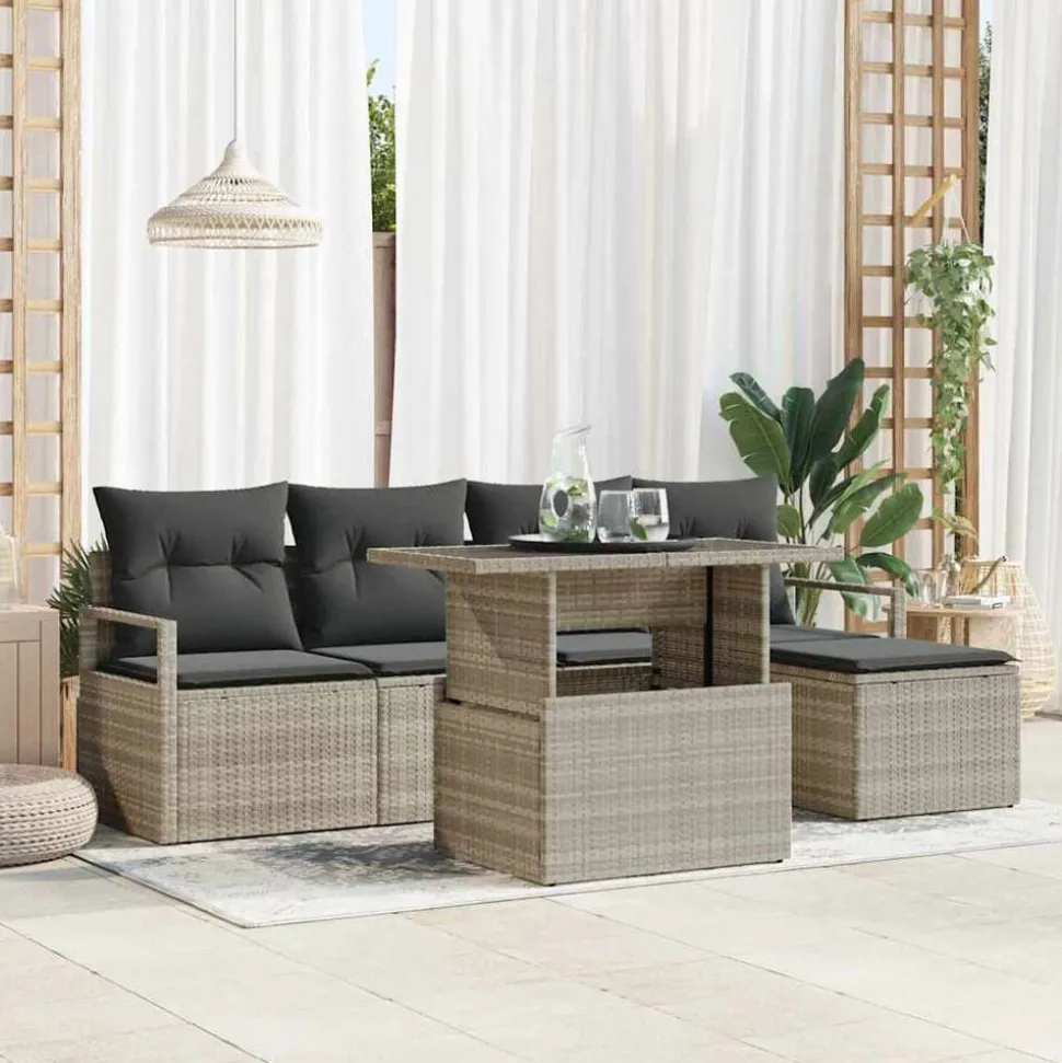 vidaXL Tuin Sofa Set met opslag 6 pcs Lichtgrijs Poly riet