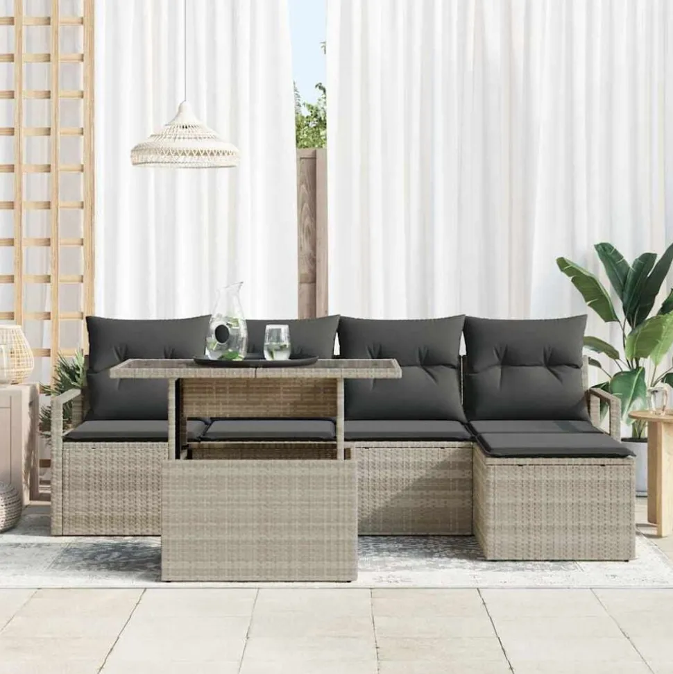 vidaXL Tuin Sofa Set met opslag 6 pcs Lichtgrijs Poly riet