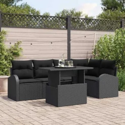 vidaXL Tuin Sofa Set met kussen met opslag 6 pcs Zwart Poly riet