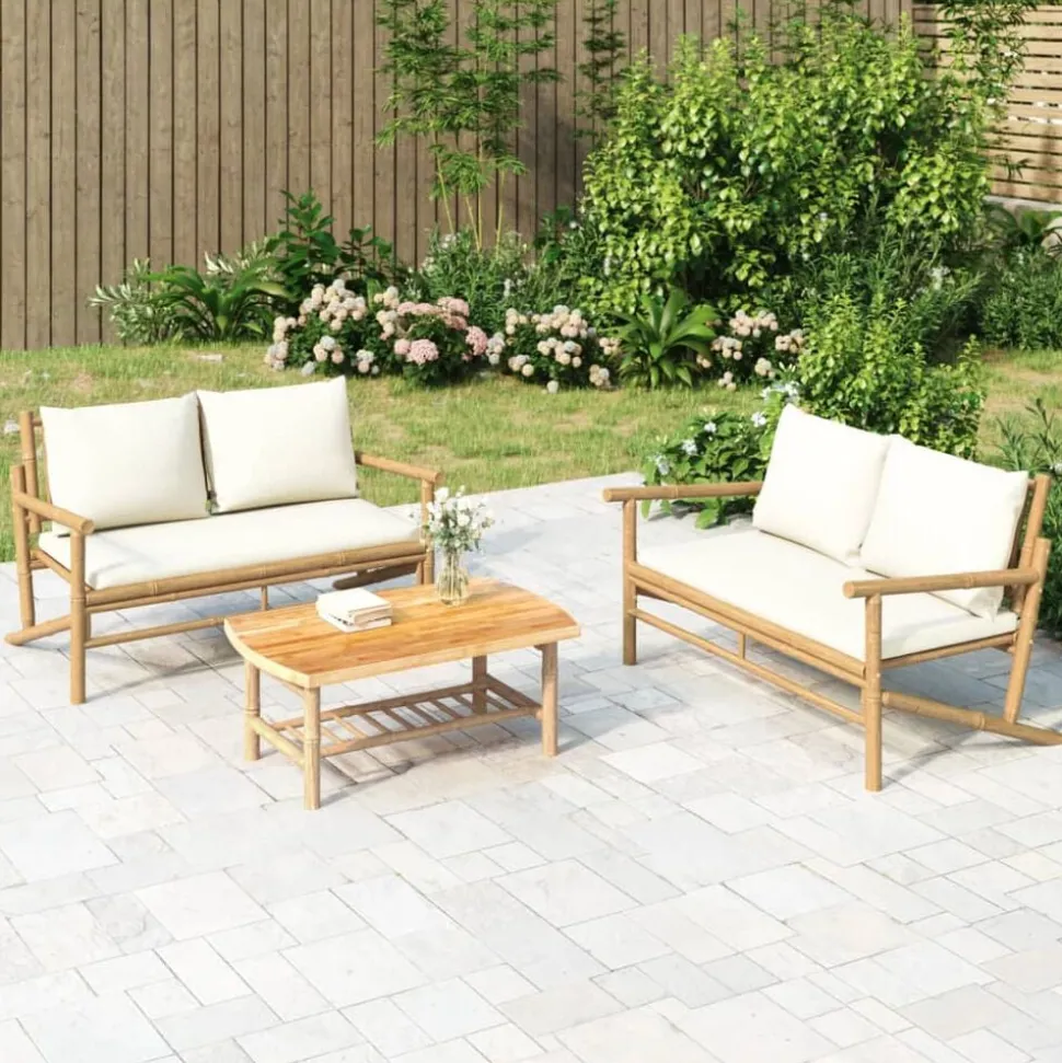 vidaXL Tuinbank met crèmewitte kussens bamboe