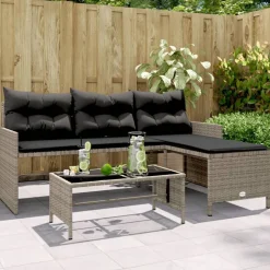 vidaXL Tuinbank met tafel en kussens L-vormig poly rattan grijs