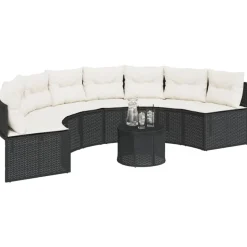 vidaXL Tuinbank met tafel en kussens halfrond poly rattan zwart