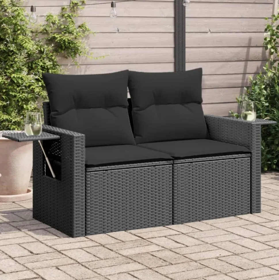vidaXL Tuinbank 2-zits met kussens poly rattan zwart