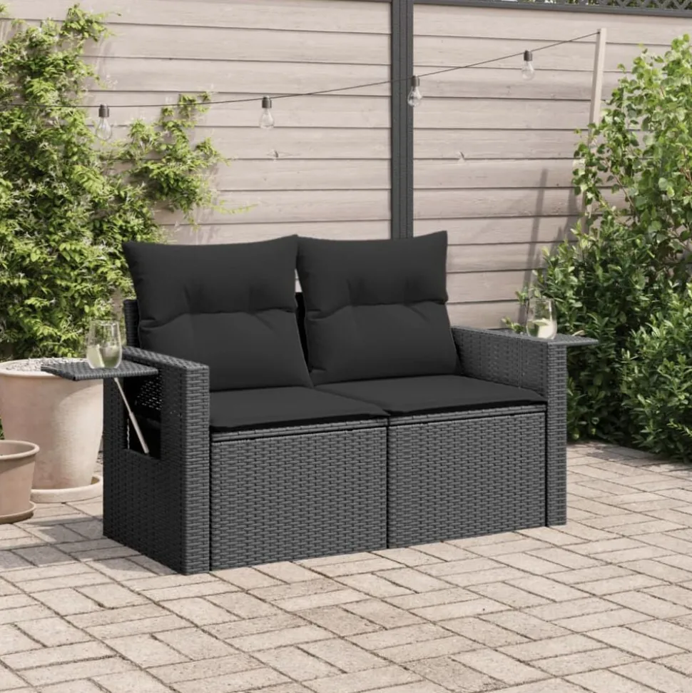 vidaXL Tuinbank 2-zits met kussens poly rattan zwart