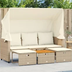 vidaXL Tuinbank 3-zits met luifel en voetenbanken poly rattan beige