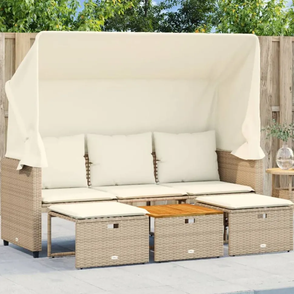 vidaXL Tuinbank 3-zits met luifel en voetenbanken poly rattan beige