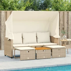 vidaXL Tuinbank 3-zits met luifel en voetenbanken poly rattan beige