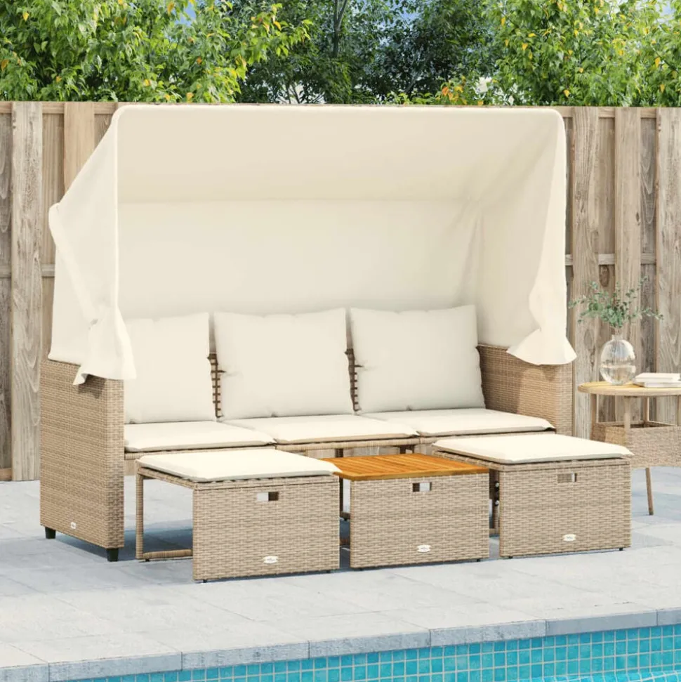 vidaXL Tuinbank 3-zits met luifel en voetenbanken poly rattan beige