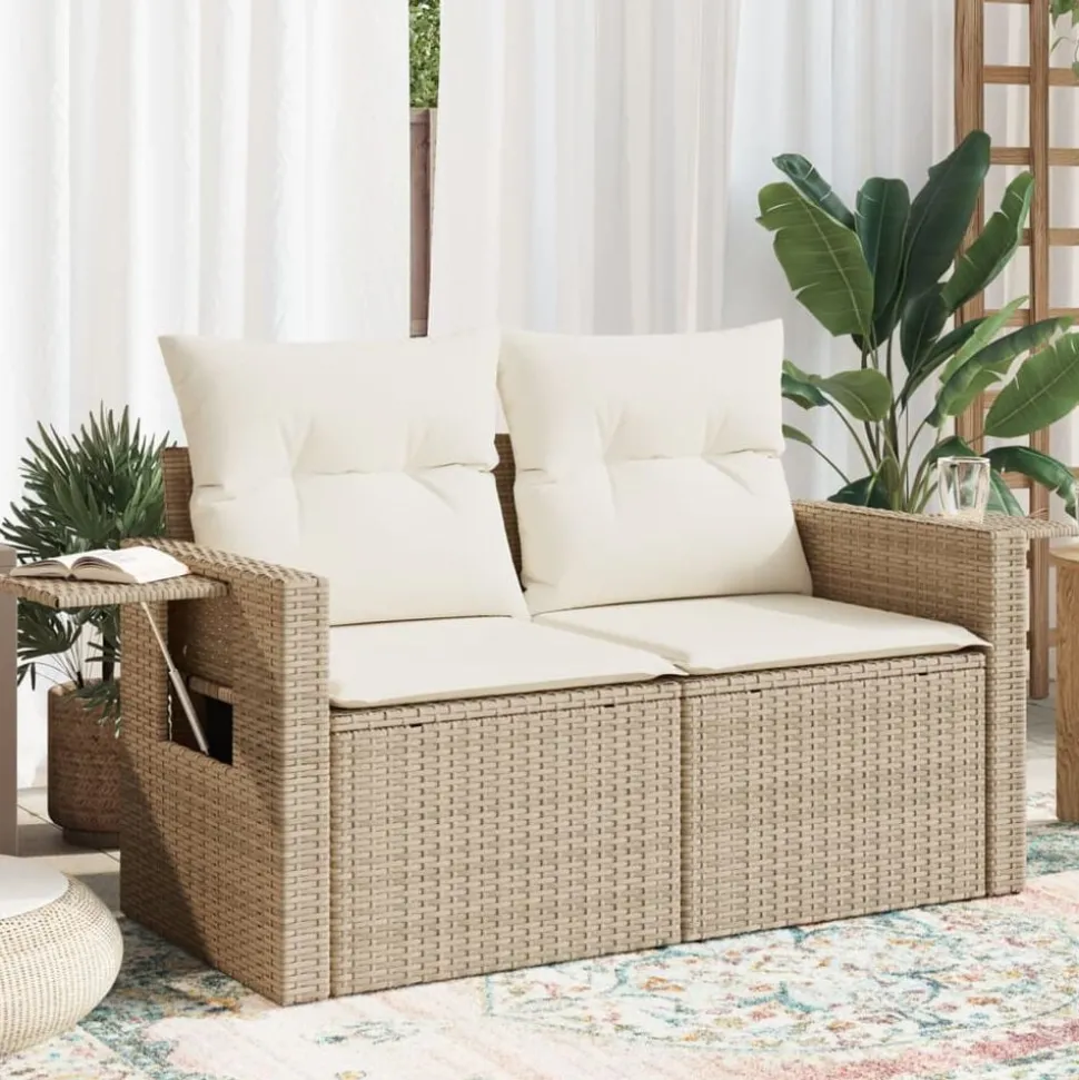 vidaXL Tuinbank 2-zits met kussens poly rattan beige