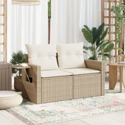 vidaXL Tuinbank 2-zits met kussens poly rattan beige