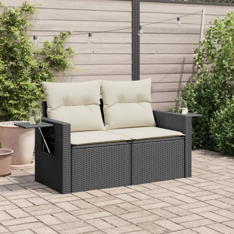 vidaXL Tuinbank 2-zits met kussens poly rattan zwart