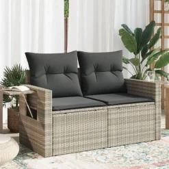 vidaXL Tuinbank 2-zits met kussens poly rattan lichtgrijs