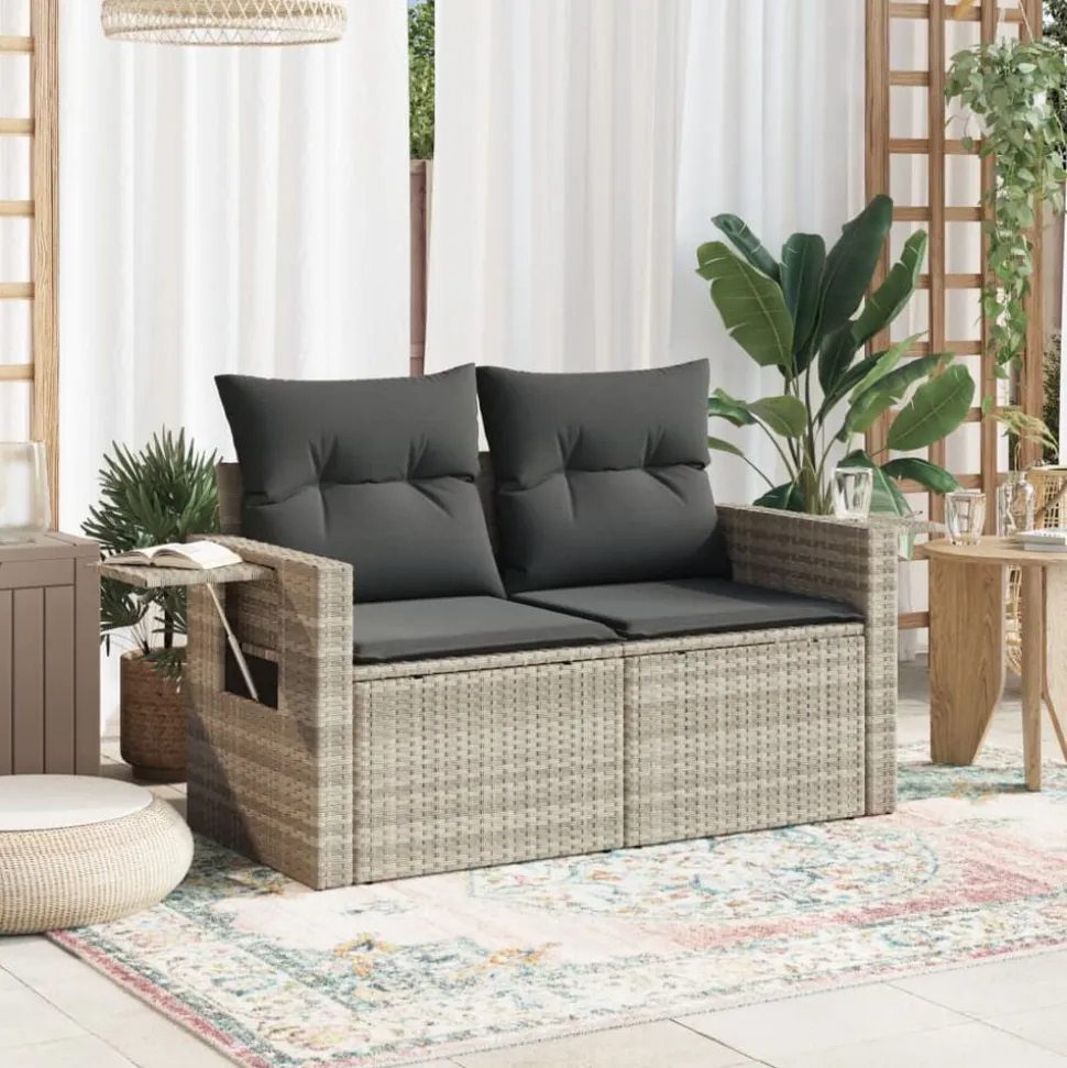 vidaXL Tuinbank 2-zits met kussens poly rattan lichtgrijs