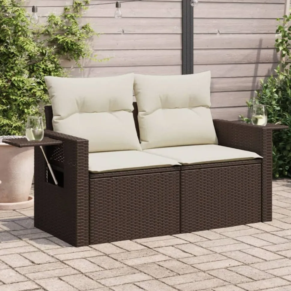 vidaXL Tuinbank 2-zits met kussens poly rattan bruin