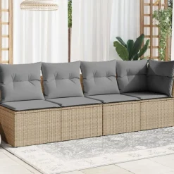 vidaXL Tuinbank 4-zits met kussens poly rattan beige
