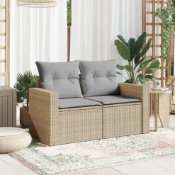 vidaXL Tuinbank 2-zits met kussens poly rattan beige