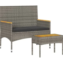 vidaXL Tuinbank 2-zits met kussens en tafel poly rattan grijs