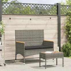 vidaXL Tuinbank 2-zits met kussens en tafel poly rattan grijs