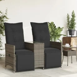 vidaXL Tuinbank 2-zits verstelbaar met tafel poly rattan grijs