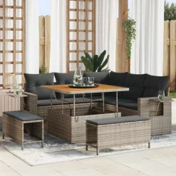 vidaXL Tuinbankenset met kussen 9 pcs Grijs poly rattan