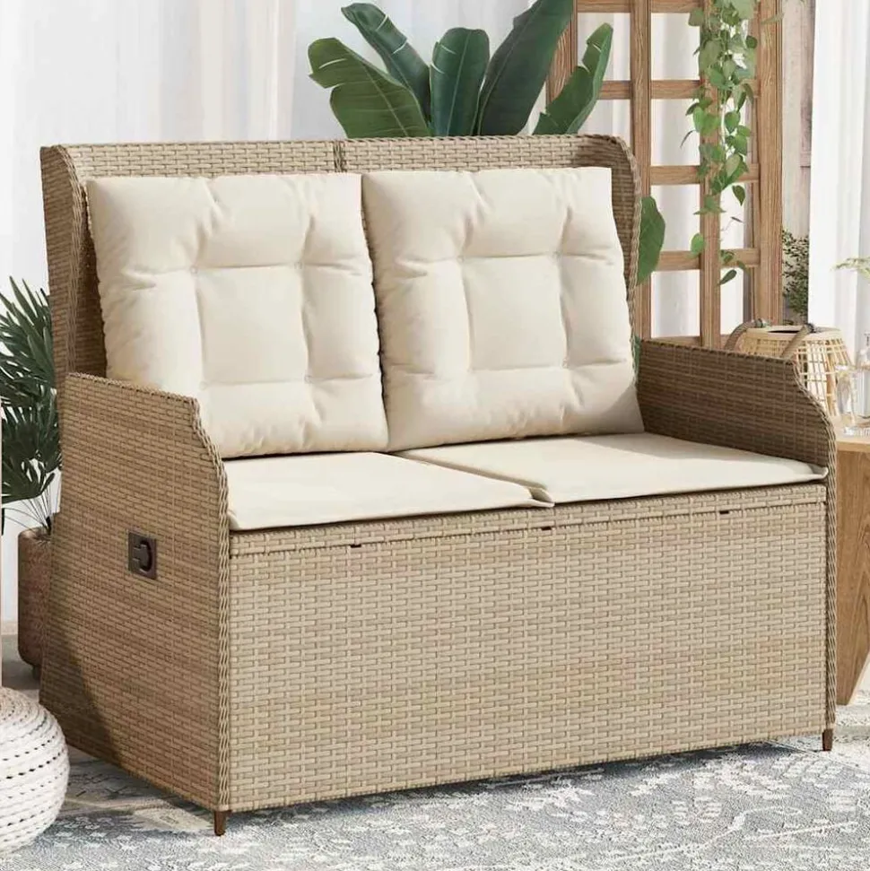 vidaXL Tuinbankje verstelbaar met kussens poly rattan beige