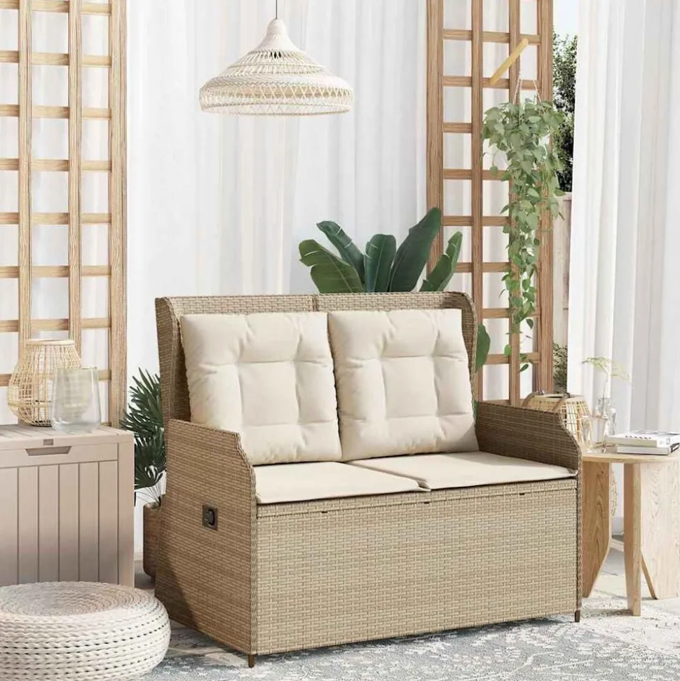 vidaXL Tuinbankje verstelbaar met kussens poly rattan beige