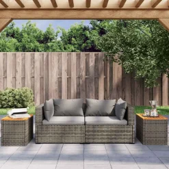 vidaXL Tuinbijzettafels 2 st 55x34x37 cm poly rattan en hout grijs