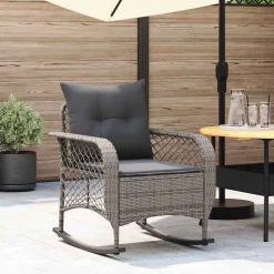 vidaXL Tuinschommelstoel met kussens poly rattan grijs