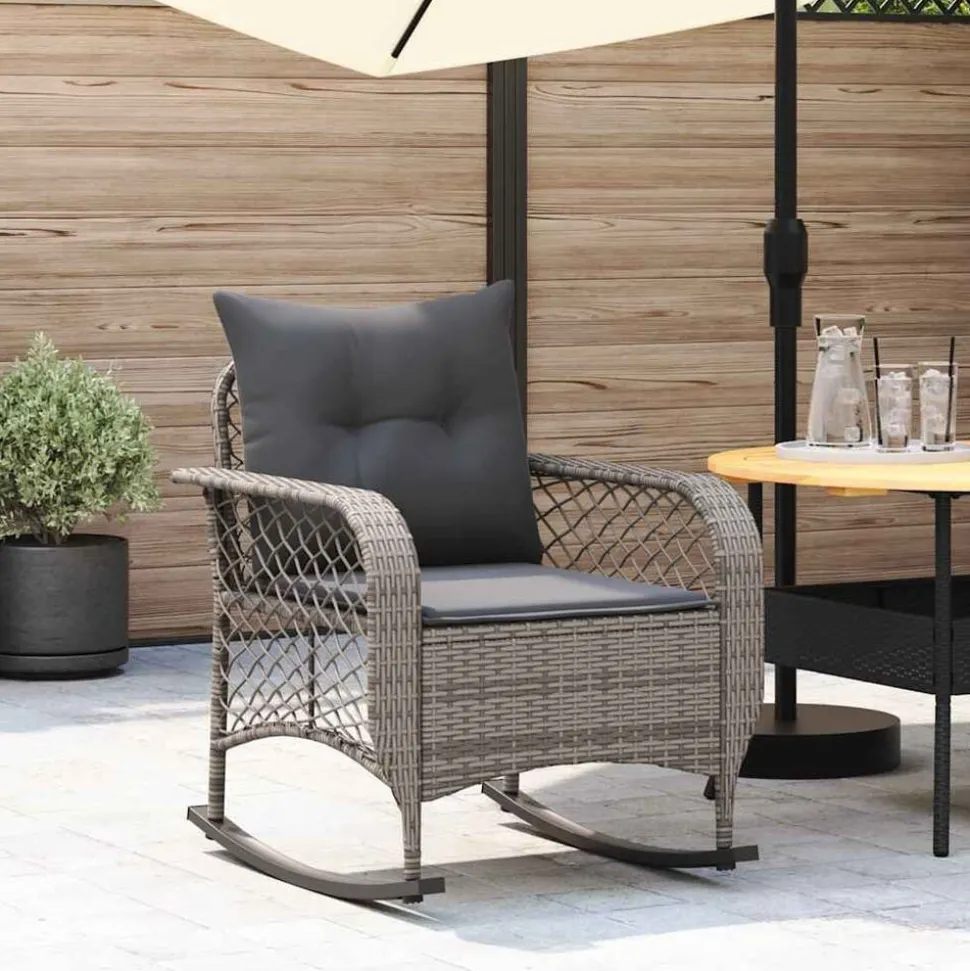 vidaXL Tuinschommelstoel met kussens poly rattan grijs