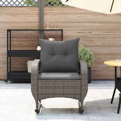 vidaXL Tuinschommelstoel met kussens poly rattan grijs