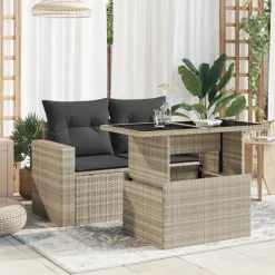 vidaXL Tuintafel met glazen blad 100x55x73 cm poly rattan lichtgrijs