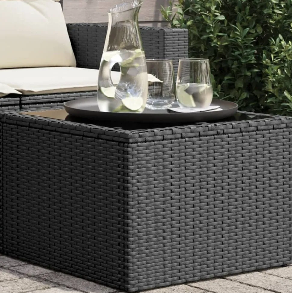 vidaXL Tuintafel met glazen blad zwart 55x55x37 cm poly rattan