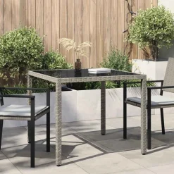 vidaXL Tuintafel 90x90x75 cm gehard glas en poly rattan grijs