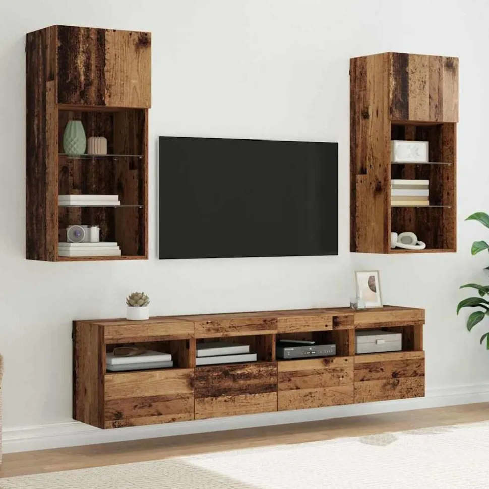 vidaXL TV Wand Eenheden met LED 5 pcs Oud Hout 40,5 x 30 x 90 cm