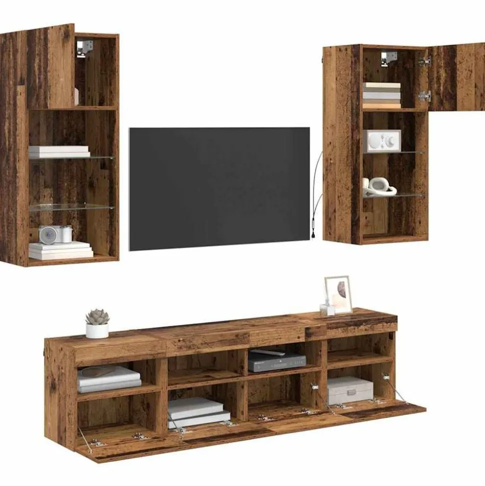 vidaXL TV Wand Eenheden met LED 5 pcs Oud Hout 40,5 x 30 x 90 cm