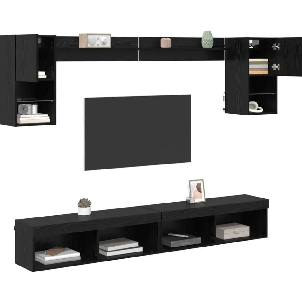 vidaXL TV Wand Eenheden met LED met LED 6 pcs Zwart Eiken Bewerkt hout