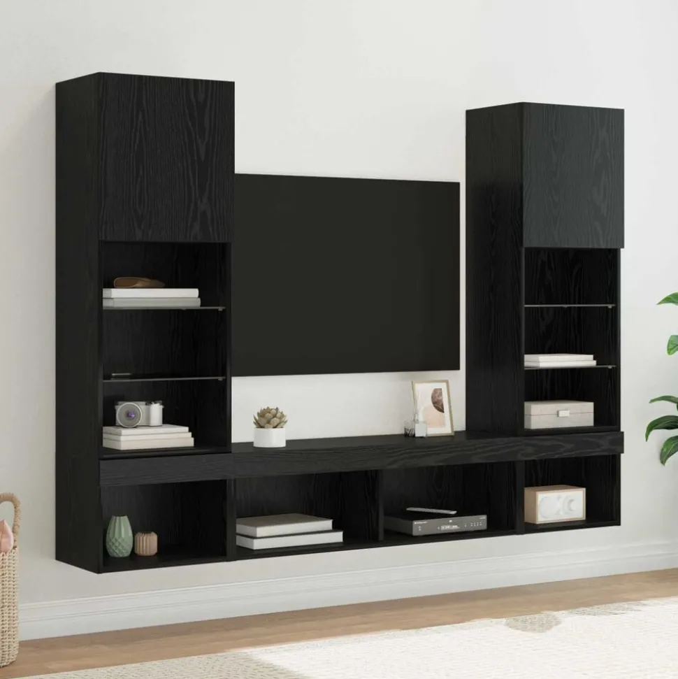 vidaXL TV Wand Eenheden met LED met LED 5 pcs Zwart Eiken Bewerkt hout