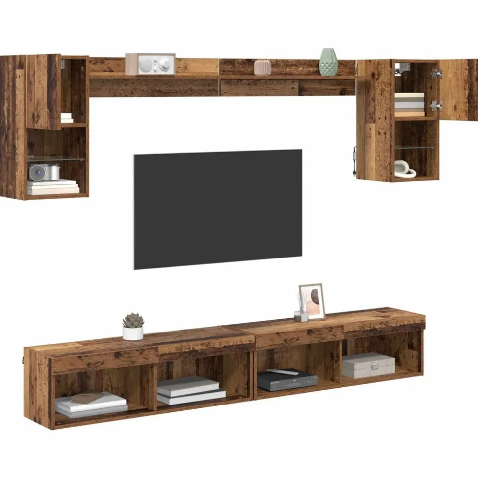 vidaXL TV Wand Eenheden met LED met LED 6 pcs Oudhout Bewerkt hout