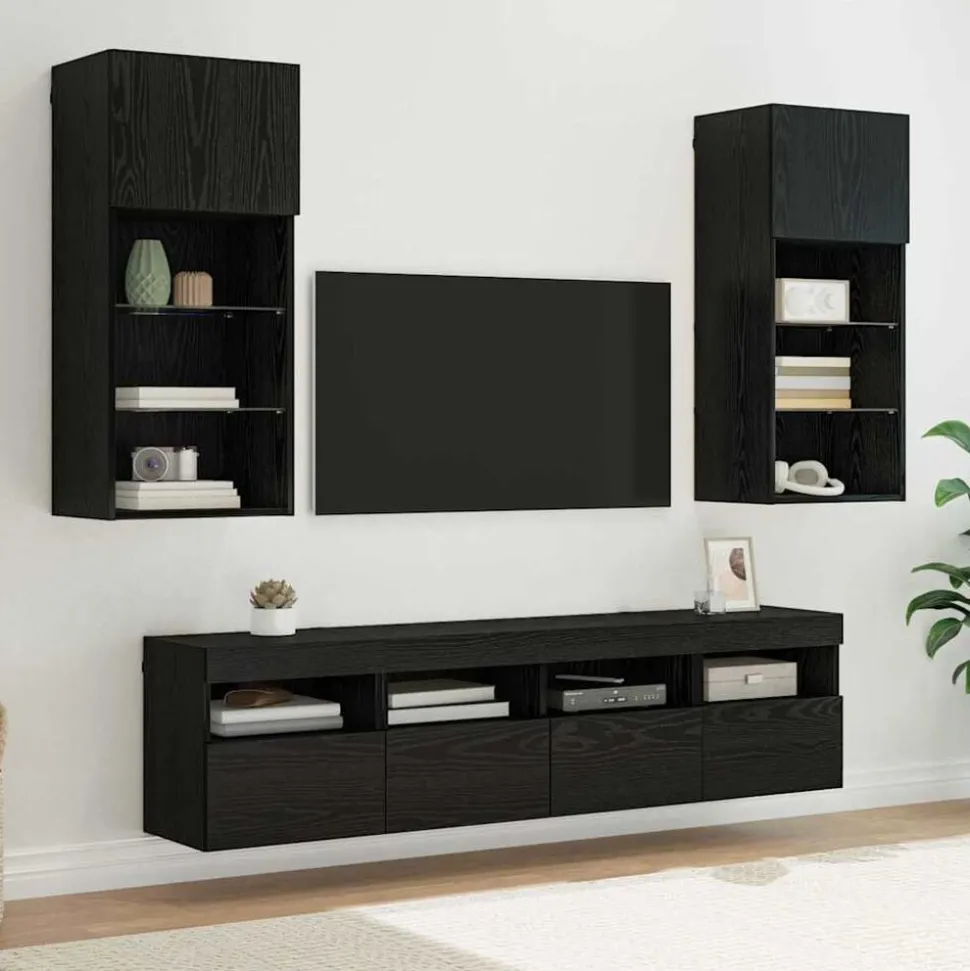 vidaXL TV Wand Eenheden met LED 5 pcs Zwart Eiken 40,5 x 30 x 90 cm