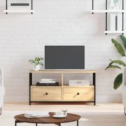 vidaXL Tv-meubel 90x33x45 cm bewerkt hout en ijzer sonoma eikenkleur