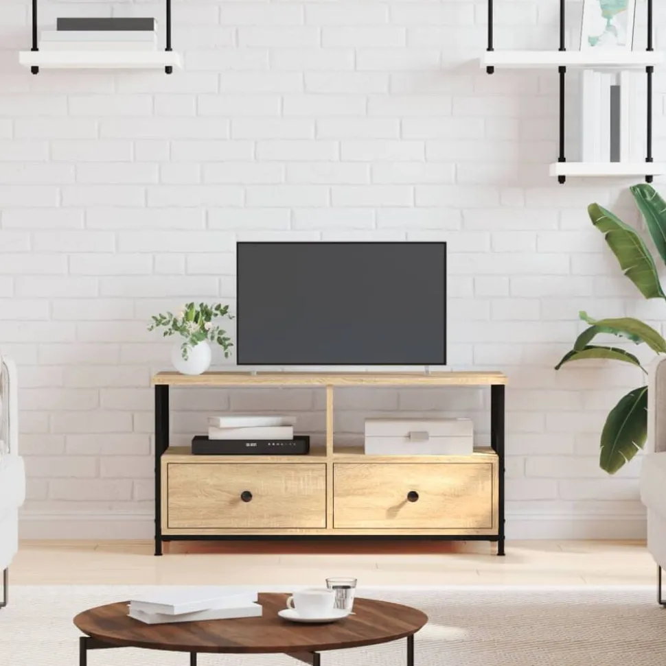 vidaXL Tv-meubel 90x33x45 cm bewerkt hout en ijzer sonoma eikenkleur
