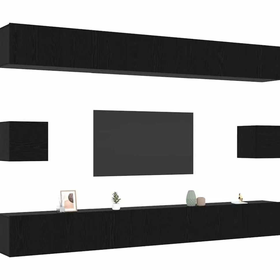 vidaXL Tv-meubelset Wandgemonteerd 8 pcs Zwart Eiken Bewerkt hout